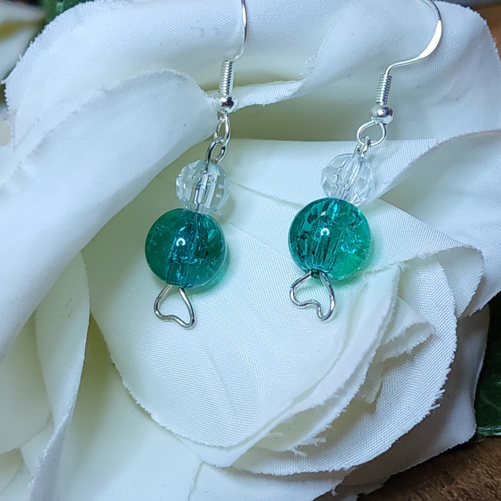 Hand Crafted Dangle Drop Earrings Hearts and Teal Crackled Glsss Beads